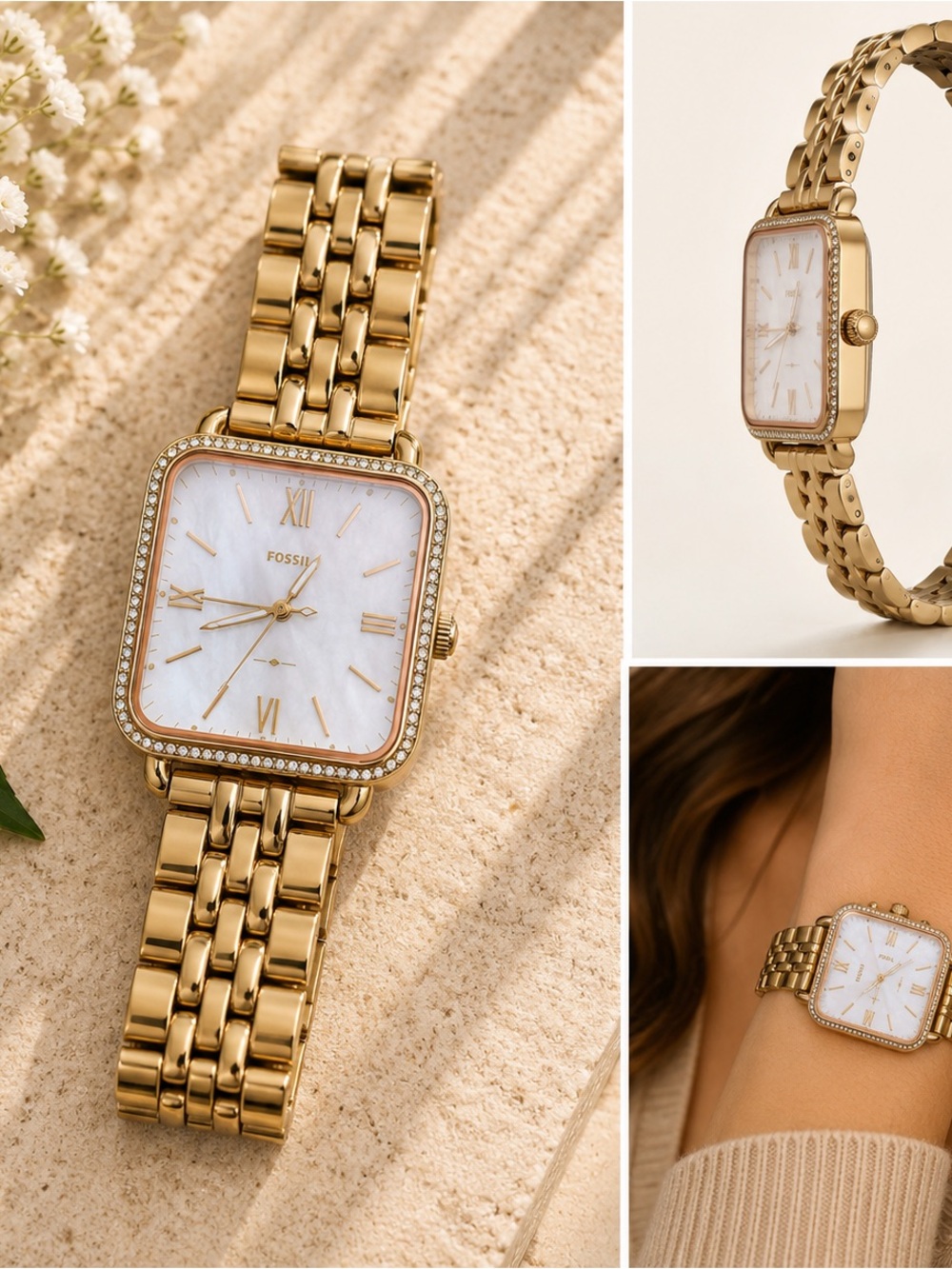 Fossil Gold-Tone Women's Square Mother-of-Pearl Bracelet Watch car RT by NBC